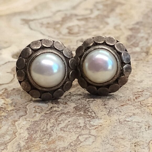 Sterling Silver Real Pearl Button Style Flower Petal Earrings - Picture 2 of 7